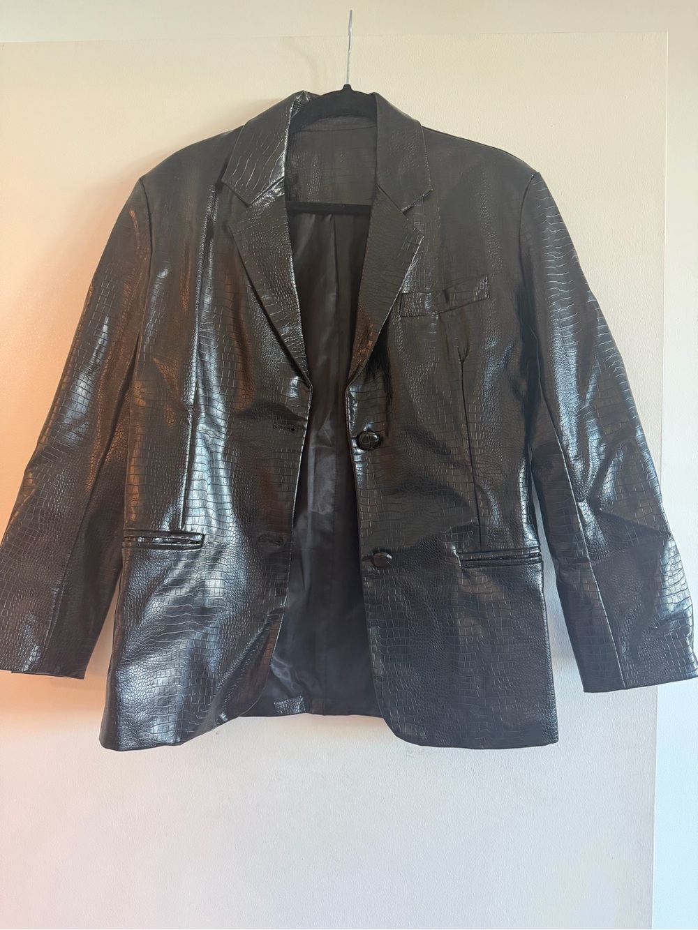 Black Faux Leather Croc-Embossed Blazer Jacket - Women